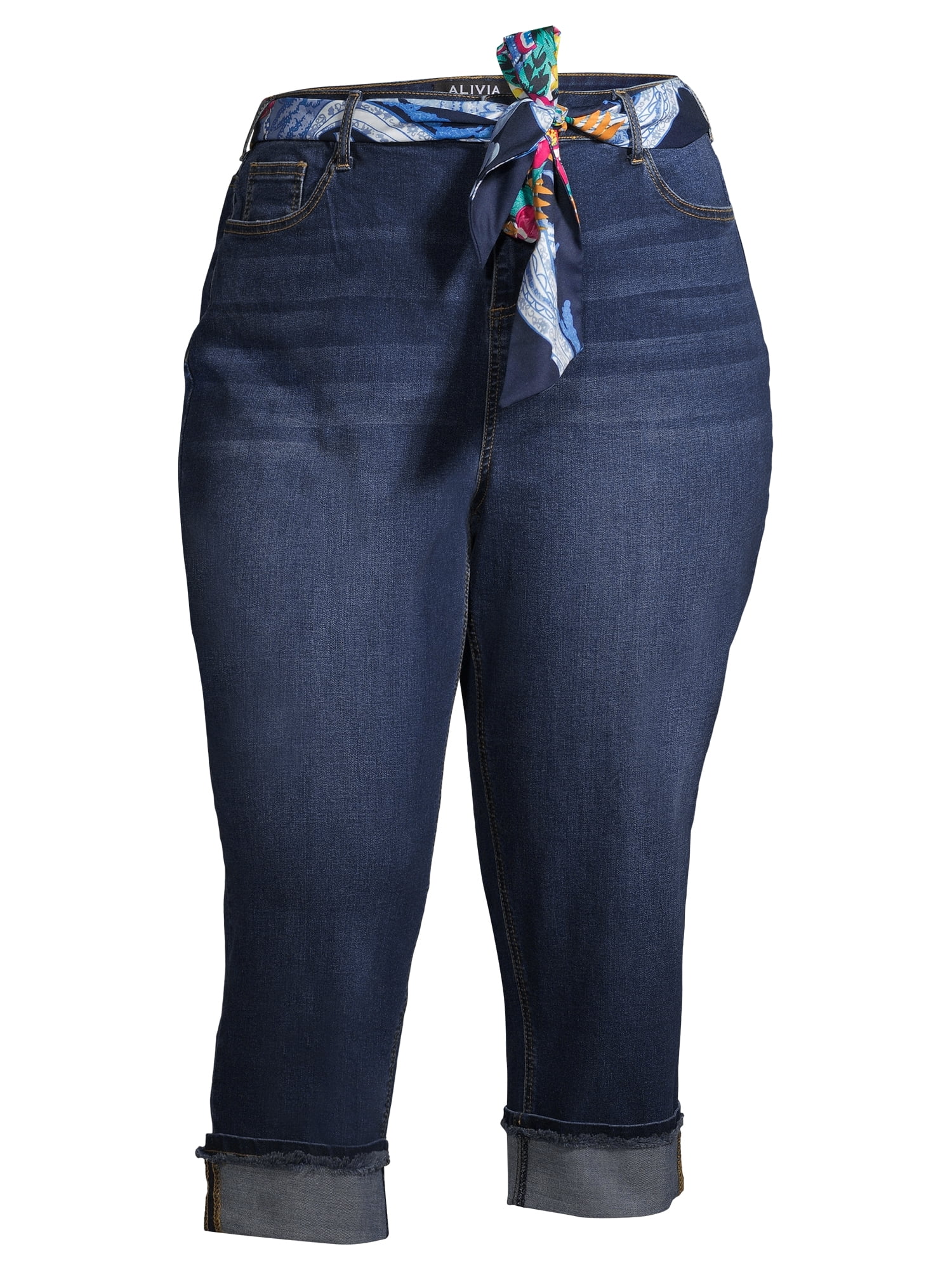 Alivia Ford Women's Plus Size Roll Cuff Denim Capri Jeans with Printed Belt