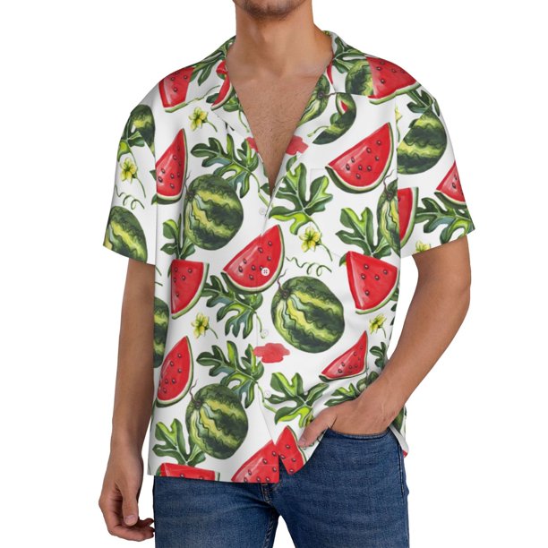 Balery Watermelons Camisa Casual de Manga Corta con Botones para Hombre, Texturizada, Estilo Cubano, para Playa, Verano-Large