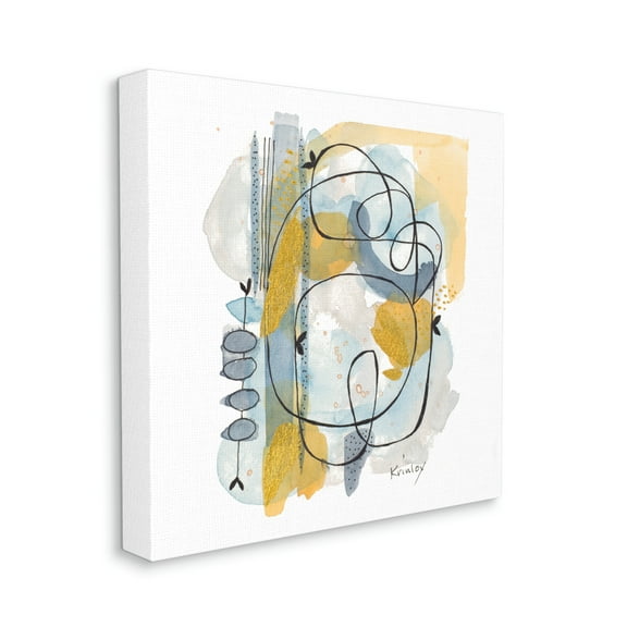 Modern Leaf Line Abstraction Yellow Blue Watercolor Abstract Gallery-Wrapped Canvas Print Wall Art, 17x17