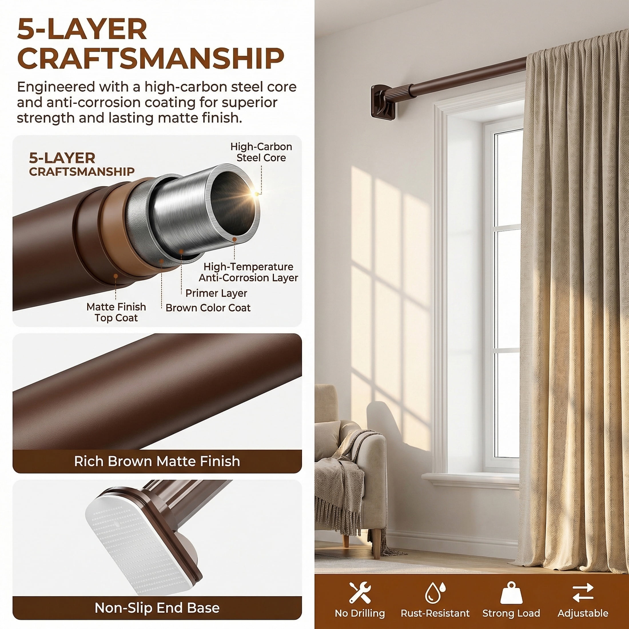 Mxdfafa Brown Heavy Duty Tension Curtain Rod, 43-83in No Drill Rustproof Carbon Steel Adjustable Rod for Bathroom, Closet, Balcony & Room Divider