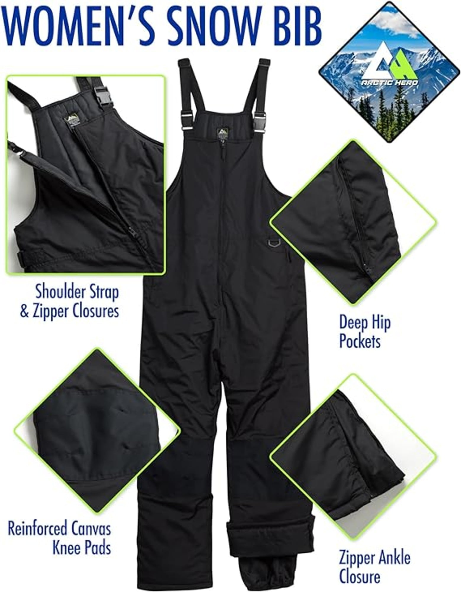 Arctic Quest Womens Insulated Water Resistant Ski Snow Bib Pants, Black,  X-Small : : Clothing, Shoes & Accessories