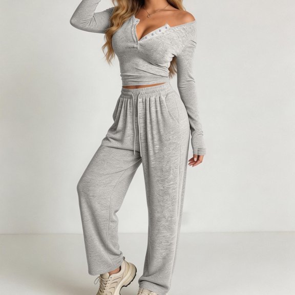 Bzdzmqm Women's 2 Piece Outfits V Neck Long Sleeve Crop Top and Wide Leg Pants Set Casual Lounge Matching Tracksuit Solid Basic Fall Travel Vacation Daily Wear Comfy, Gray XL