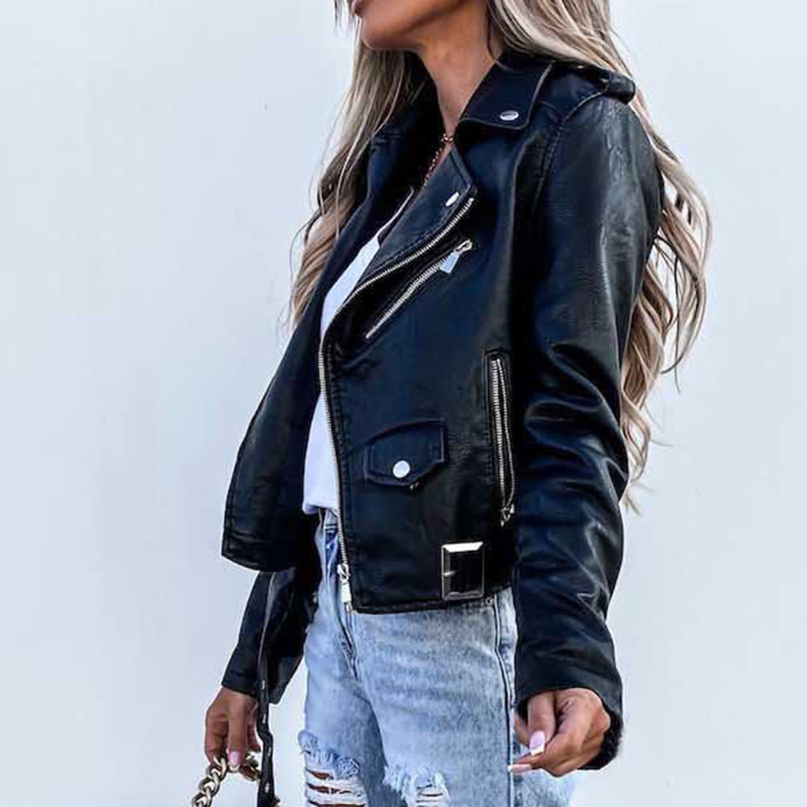 QATAINLAV Womens Cropped Faux Leather Moto Jacket Casual Short Zip-up Slim Biker Coat with Belt Fall Winter Long Sleeve Outwear, Black, XXXL