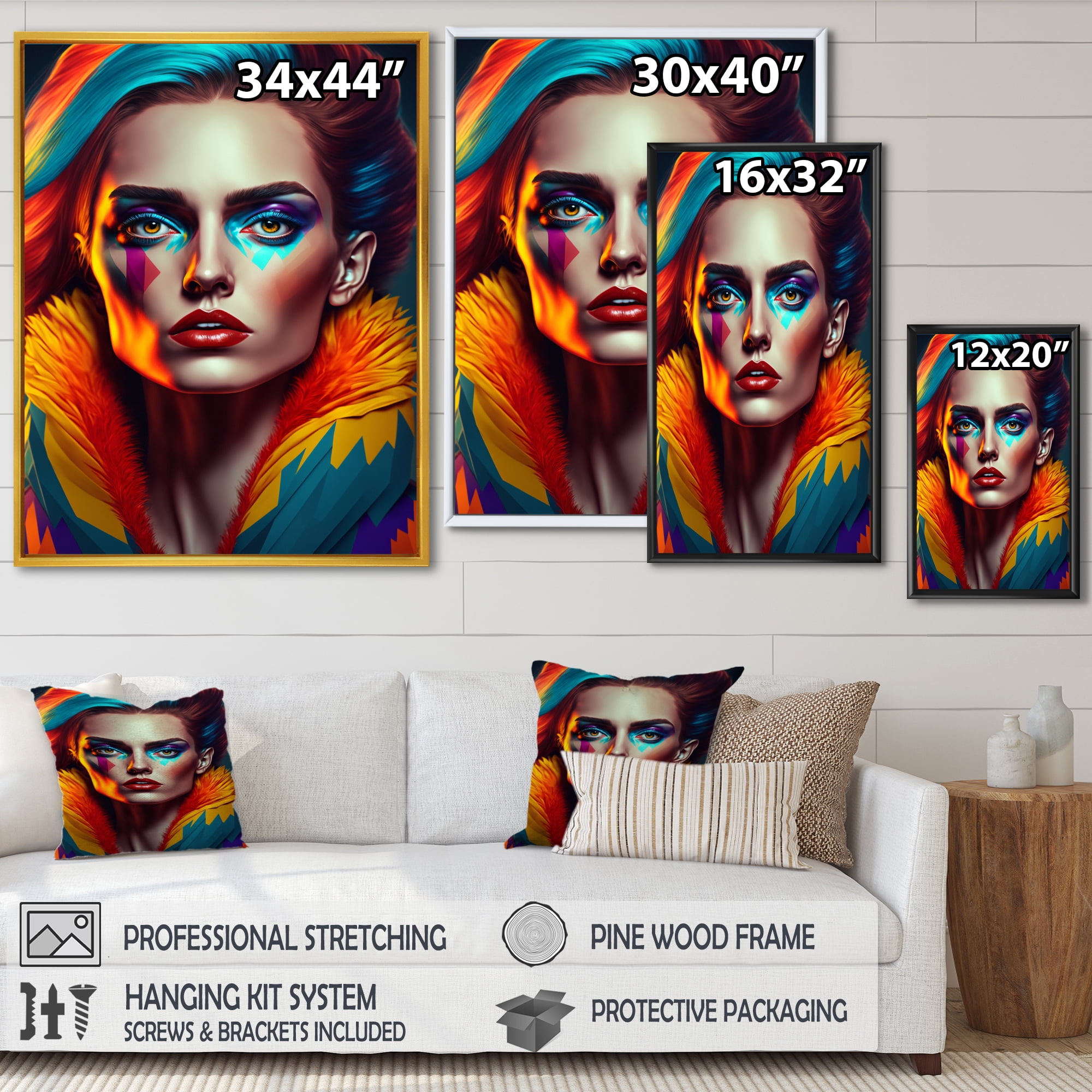 Designart Colorful Sensual Woman In Fur Coat IV Floating Frame Wall Art