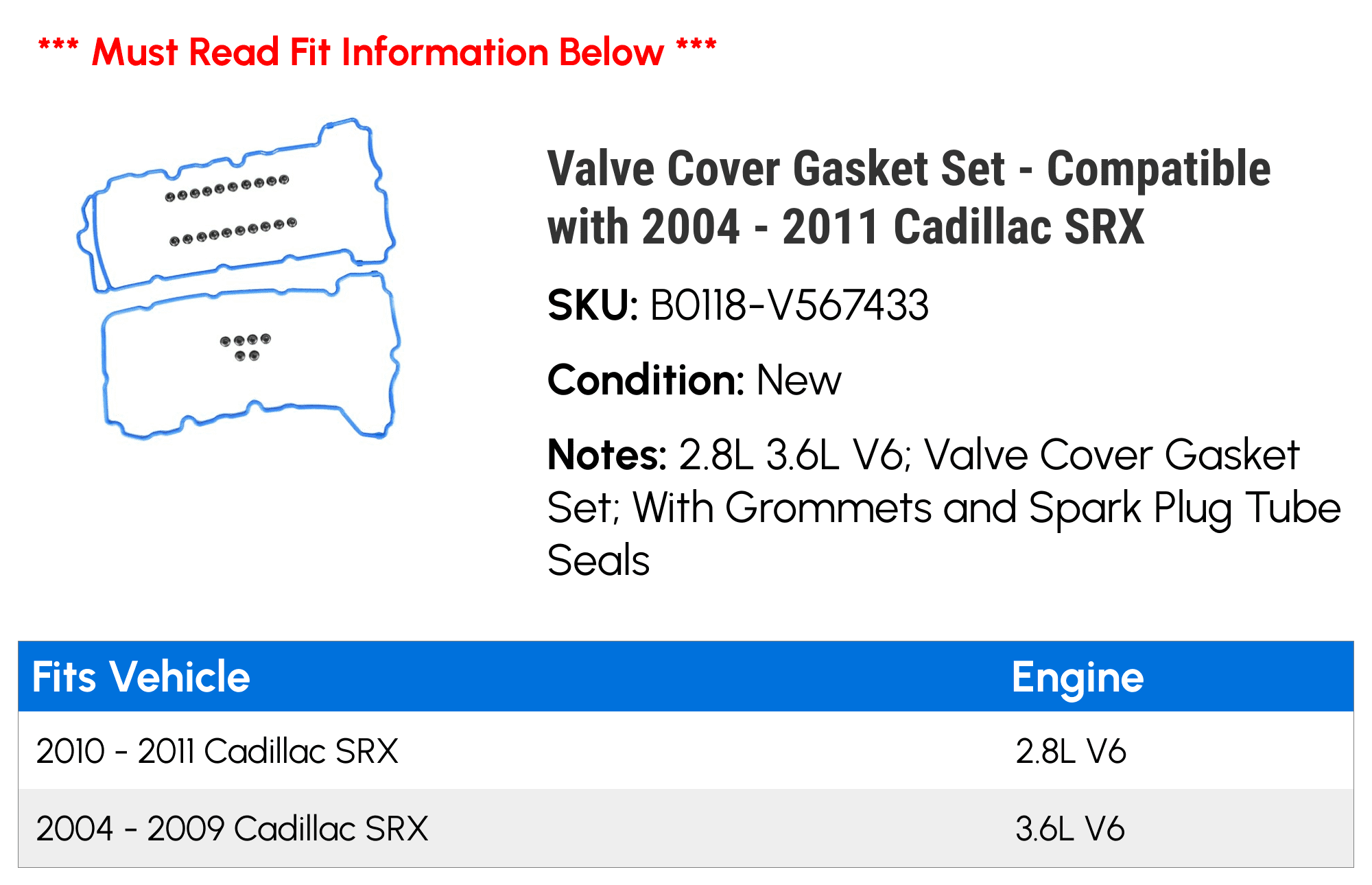 Valve Cover Gasket Set - Compatible with 2004 - 2011 Cadillac SRX 2005 2006 2007 2008 2009 2010