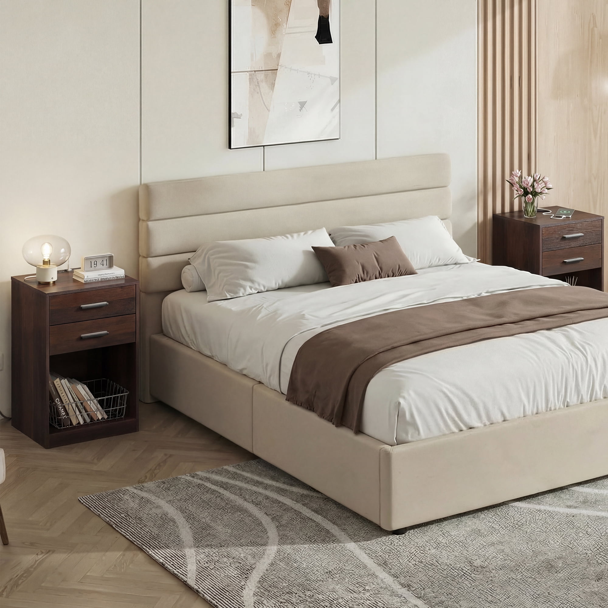 GALAXHERO Nightstand Set of 2 with Charging Station and 2 Drawers, Wood Bedside Table End Table with Open Shelf for Bedroom, Living Room, Espresso