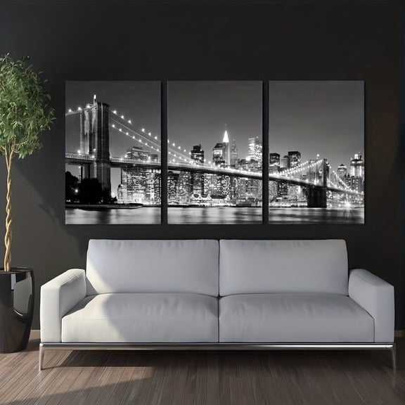 3pcs Modern Art Canvas Poster - Bridge Night Light Design for Bedroom, Living Room, Kitchen and Dorm Decor - Frameless Wall Art for Indoor/ Outdoor Use