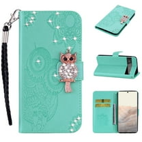 Diamond Wallet Case for Google Pixel 7 Pro with Card Slots Holder Magnetic Clasp Cover, Shining Sparkle Owl Embossed Pattern PU Leather Flip Folio Case with Wrist Strap Kickstand Case,Green