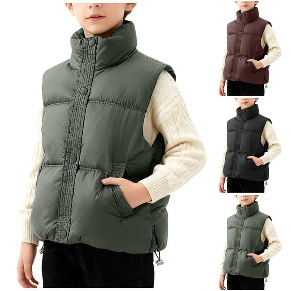 Xdegoge Quilted Vest for Boys Girls Button Down Stand Collar Jacket Sleeveless Fleece Lined Jackets Fall Winter Lightweight Warm Outerwear with Pockets Size 3-13