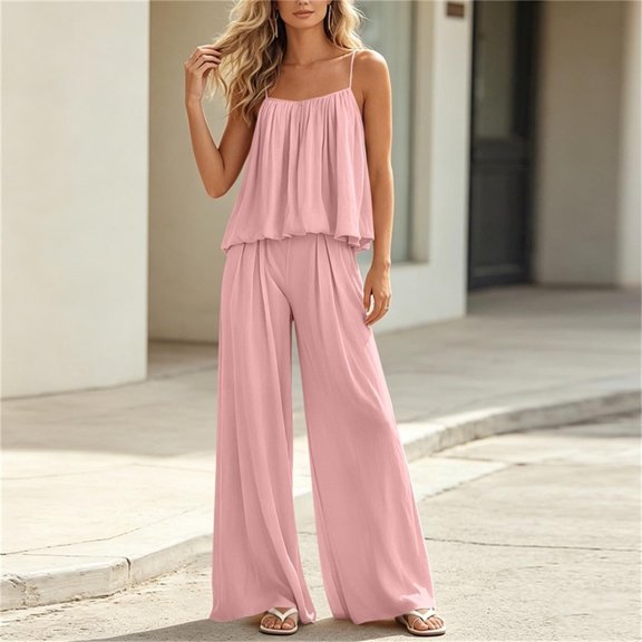 Cagogo Women's 2 Piece Casual Sets V Neck Sleeveless Tank Top Wide Leg Pants Solid Boho Vacation Outfit Loose Summer Travel Clothes Matching Lounge Sets Tracksuits, Pink 2XL