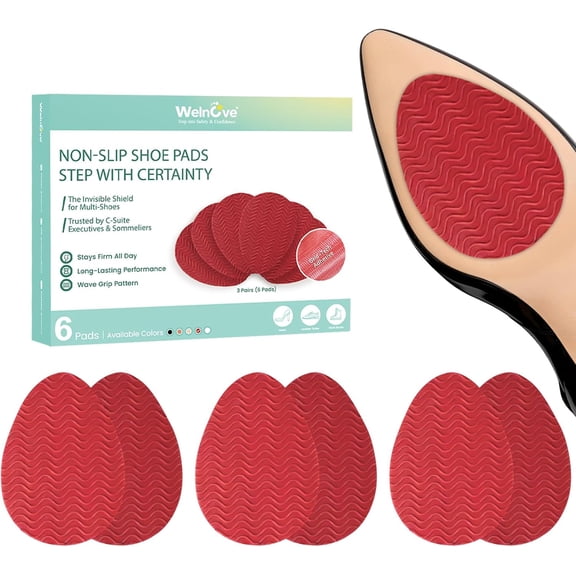 Welnove Shoe Sole Protectors Anti-Slip, Self-Adhesive Grips For Leather Shoes, High Heels, Noise Reduction, 6 Pcs, Red