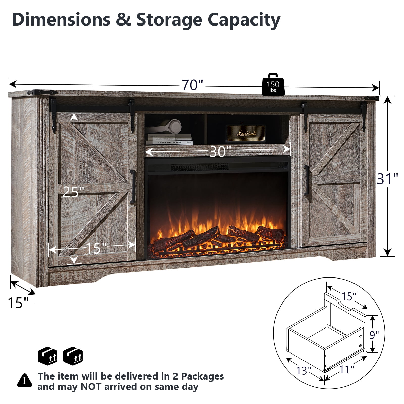 T4TREAM Farmhouse TV Stand for TVs up to 80", Entertainment Center with 30" Electric Fireplace and Sliding Barn Door&4 Drawers Storage Inside,Light Rustic Oak