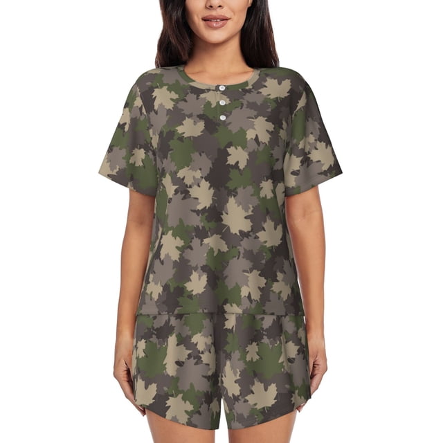 Balery Camouflage maple Conjunto de Pijama para Mujer con Estampado, Dos Piezas de Manga Corta y Shorts, Ropa de Dormir Suave con Cuello Redondo y Bolsillos-XX-Large