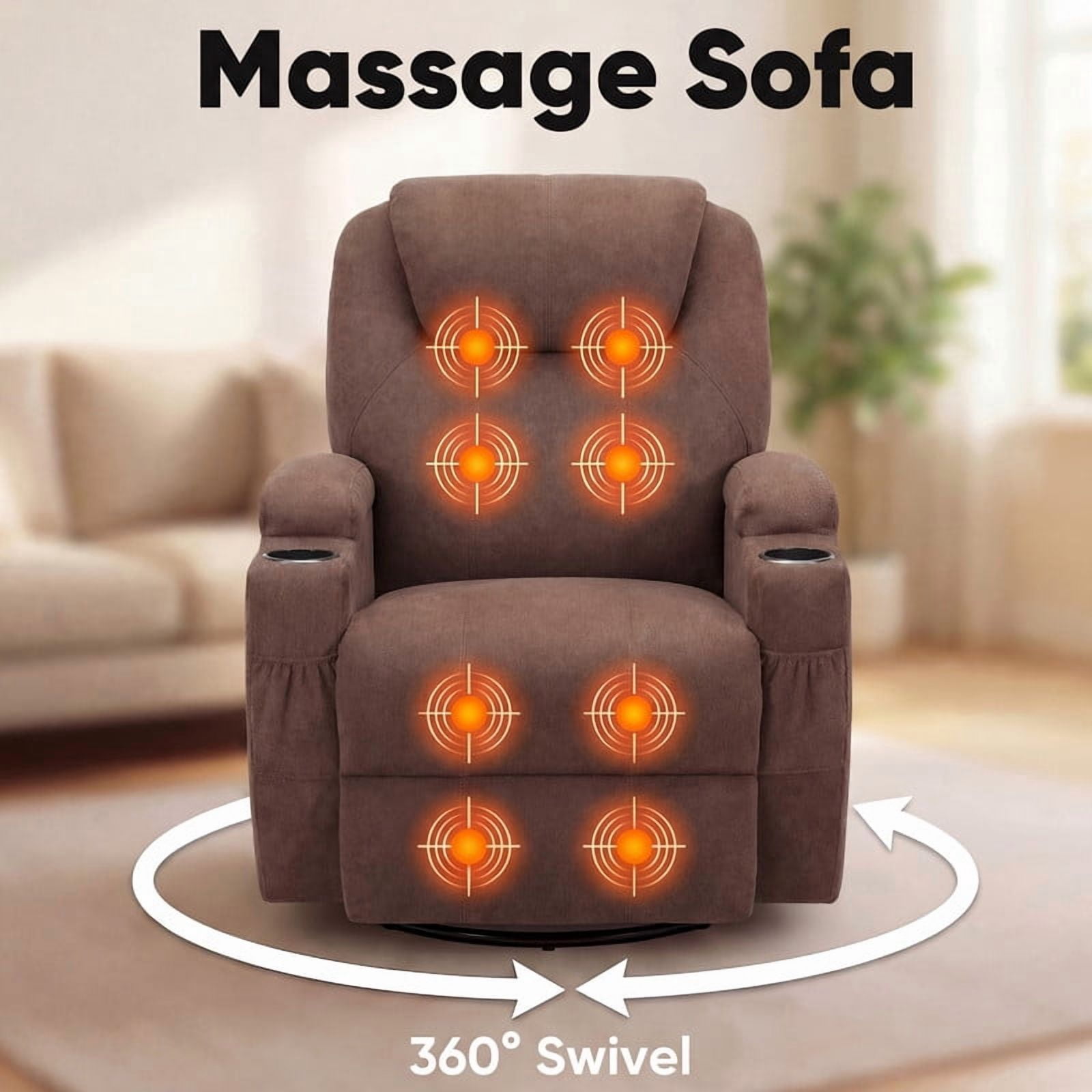 Lacoo PU Leather Swivel Rocker Recliner with Massage for Living Room Small Spaces Lounge Recliner Chair with Side Pockets for Adults,Linen Brown