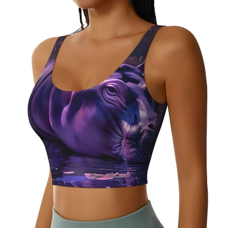 Picia Purple Hippo In Water Sports Bra for Women Padded Strappy Sports Bras Medium Support Yoga Bra with Removable Cups Running Yoga Bra-X-Large