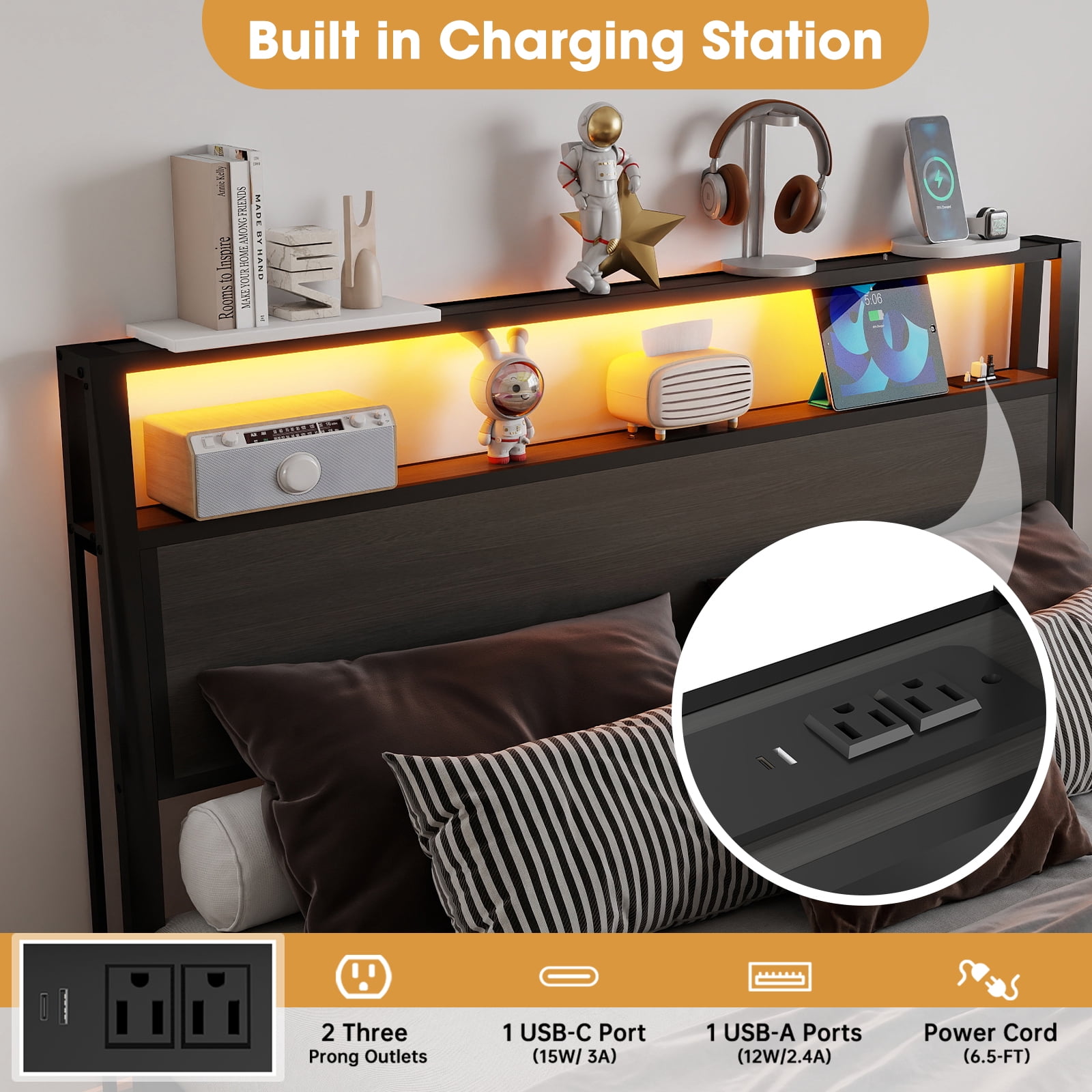 Leumius Full Size Bed Frame with Headboard, Platform Bed with RGB LED Light & Charging Station & Under Bed Storage Space, Easy Assembly,Dark Gray