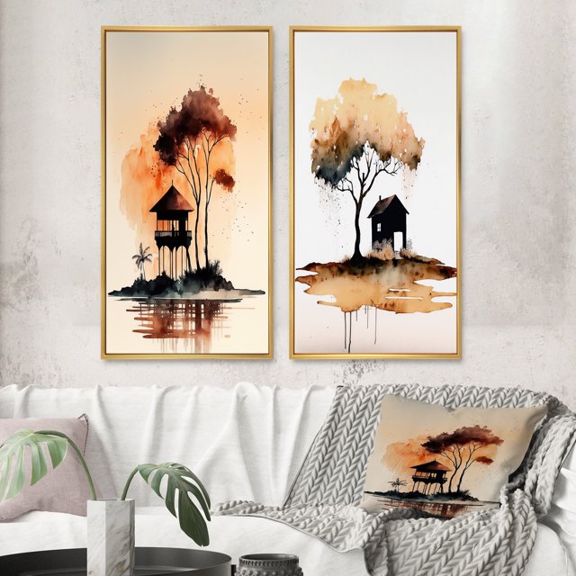 Designart "Lonely Autumn Watercolor Scene I" Landscape Forest Framed Wall Art Set Of 2 - Country Orange Frame Gallery Set For Office Decor