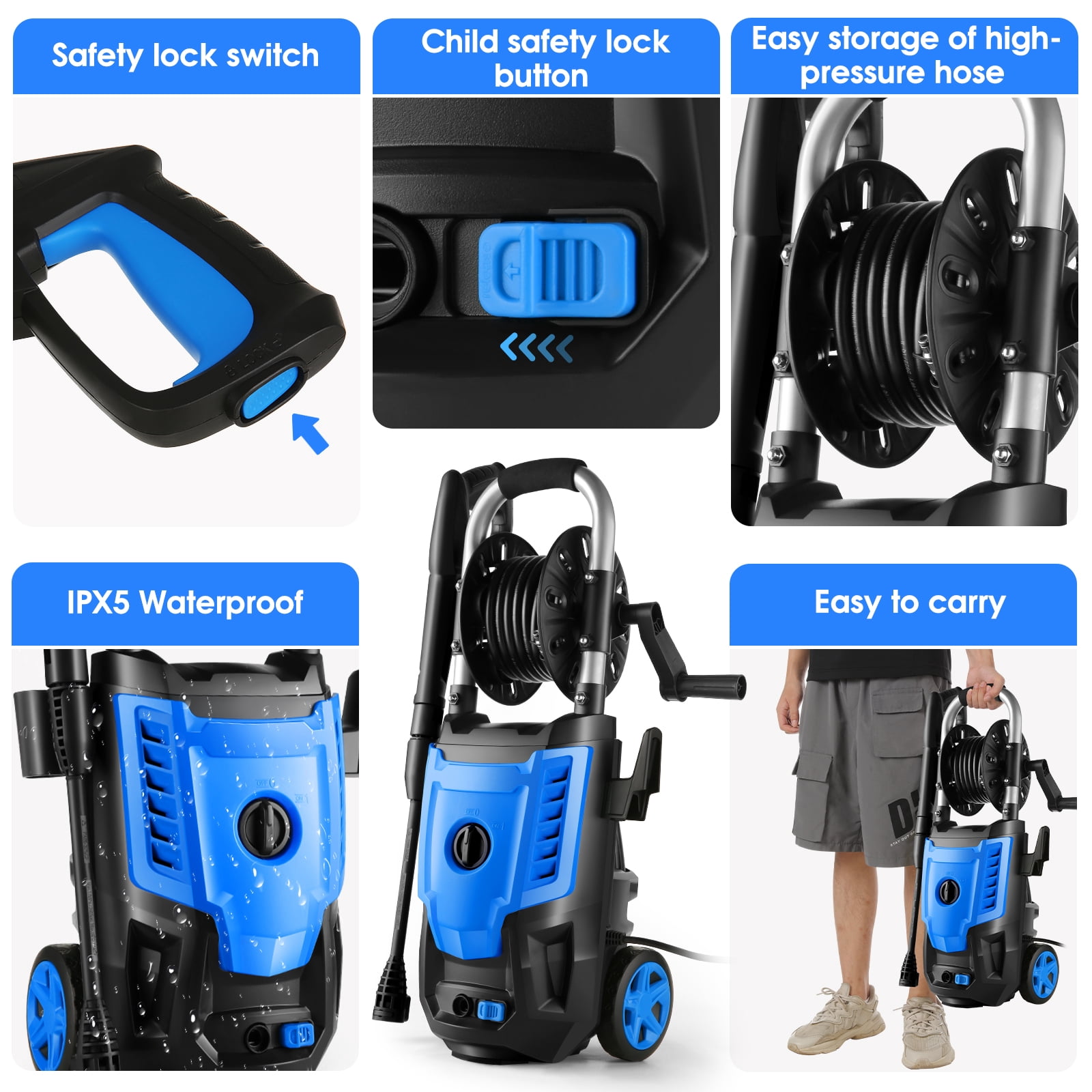 Homdox WD3500 Electric Pressure Washer, 2.5GPM 1800W Electric Power Washer, Power Washer Electric Powered with Adjustable Nozzle & Foam Cannon for Car Yard Driveway Garden, Blue with Hose Reel