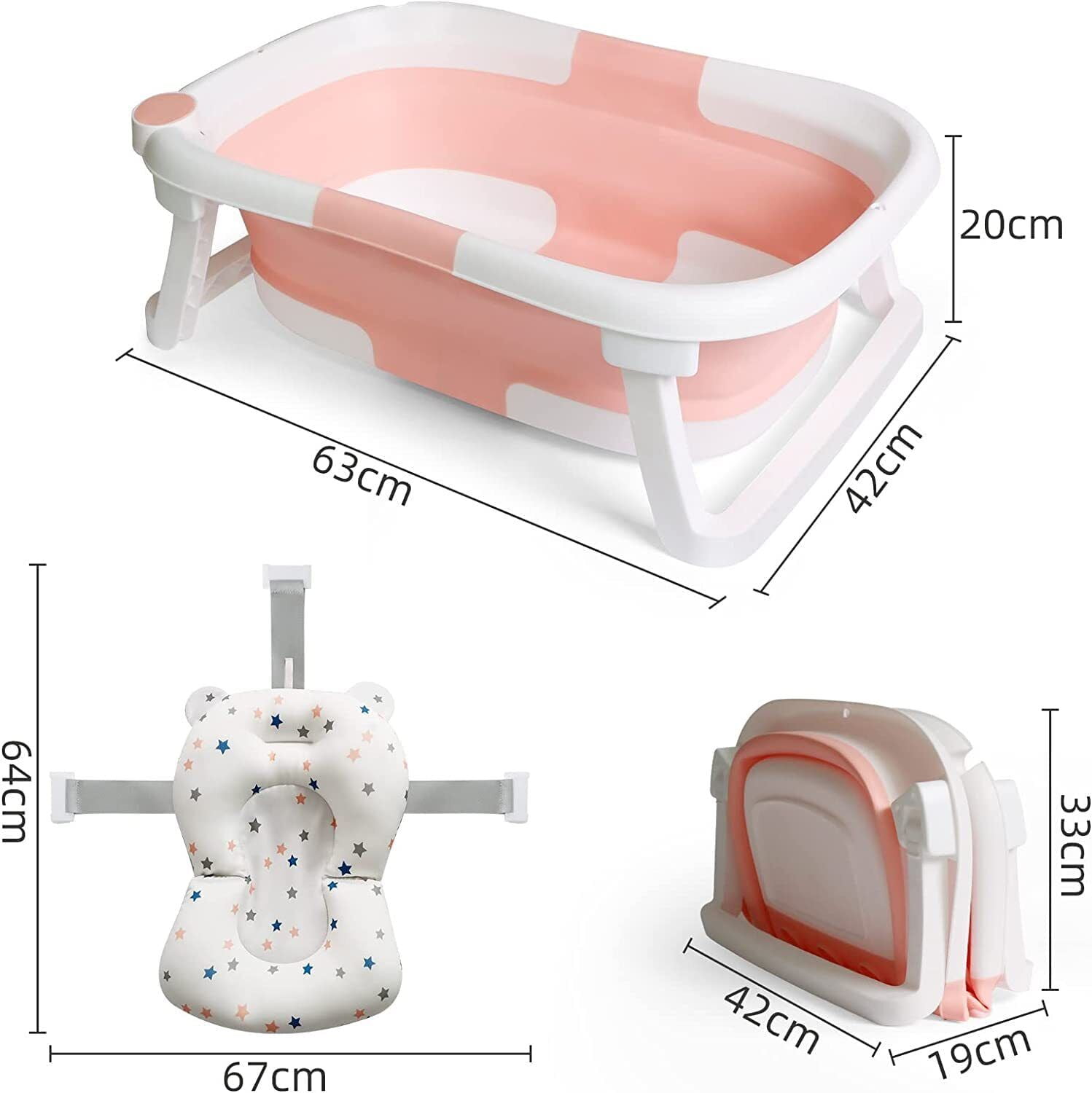 TOPCHANCES Collapsible Baby Bathtub with Thermometer, Portable Baby Shower Tub + Baby Tub Cushion + Bath Net, Folding Bathtub for 0-36 Month Newborn (Pink)