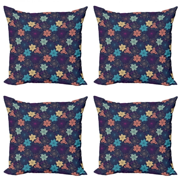 Ambesonne Floral Throw Pillow Cover 4 Pack, Exotic Hibiscus Design, 20", Multicolor