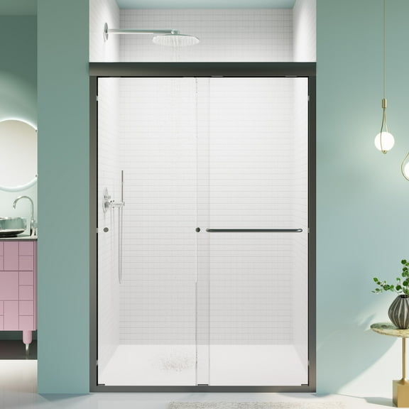 44"-48"W*72" H Semi-Frameless Double Sliding Shower Door, Bypass Shower Door, 1/4" (6mm) Thick SGCC Tempered Glass Door, Matte Black