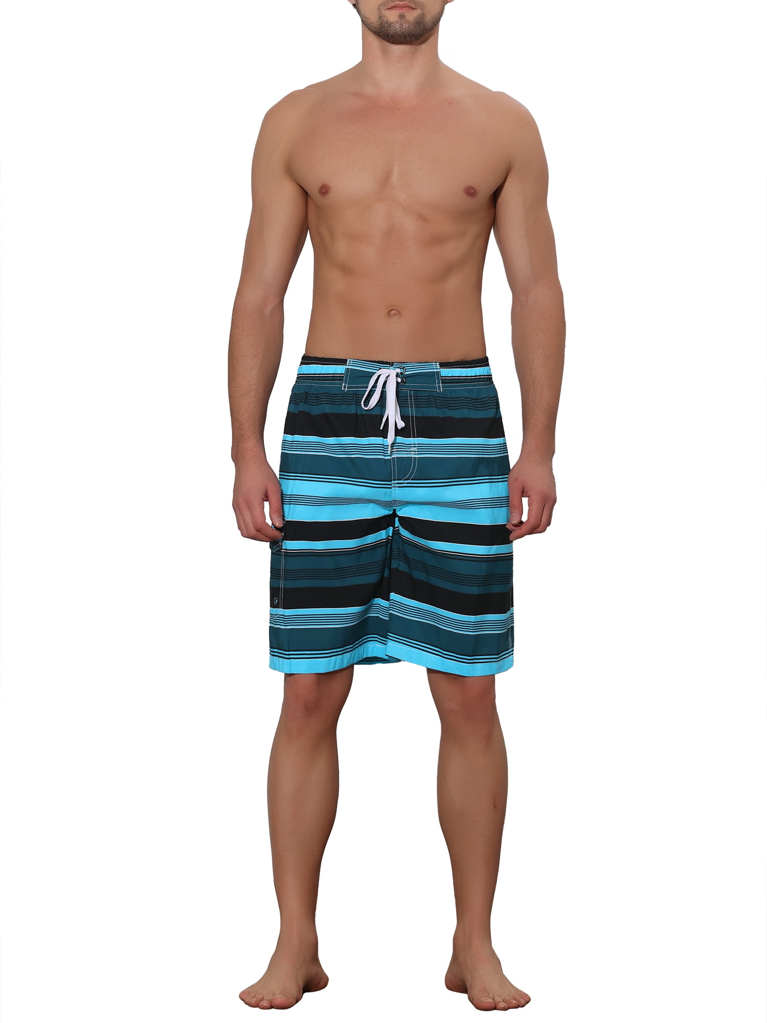Unique Bargains Men's Drawstring Stripes Printed Color Block Beach Pool Board Shorts 32 Blue