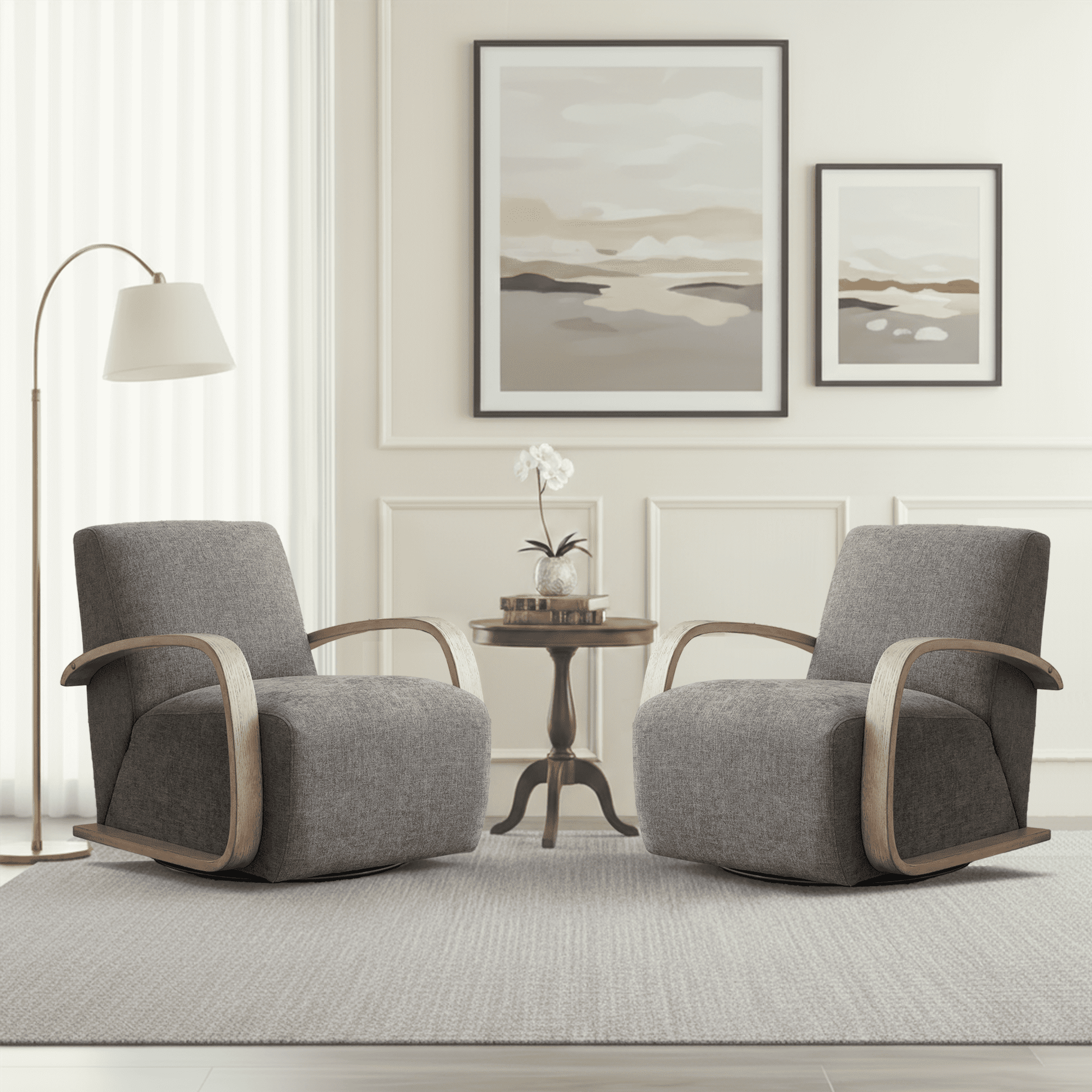 Spruce & Spring Modern Swivel Accent Chair with U-Shaped Wood Arms Single, Fossil Grey&Grey Wood