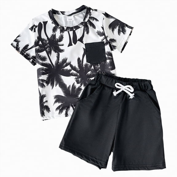 Boys Vacation Outfit Set 2 Piece Fashion Print T-Shirt with Drawstring Shorts Set Toddler Boy Summer Beach Clothes