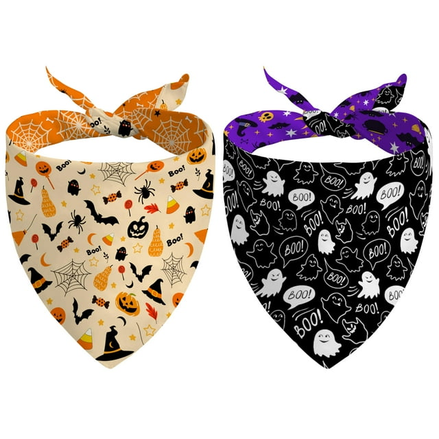 Pañuelos reversibles para perros de Halloween, paquete de 2, pequeños, naranja/negro