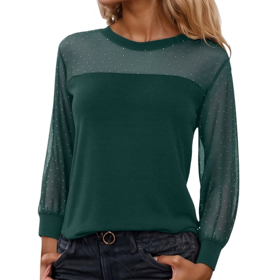 CONZONE Women's Lace Mesh T-Shirts Long Sleeve See Through T Shirts for Women Casual Crew Neck Sequined Lightweight Tees Soft Cozy Dailywear