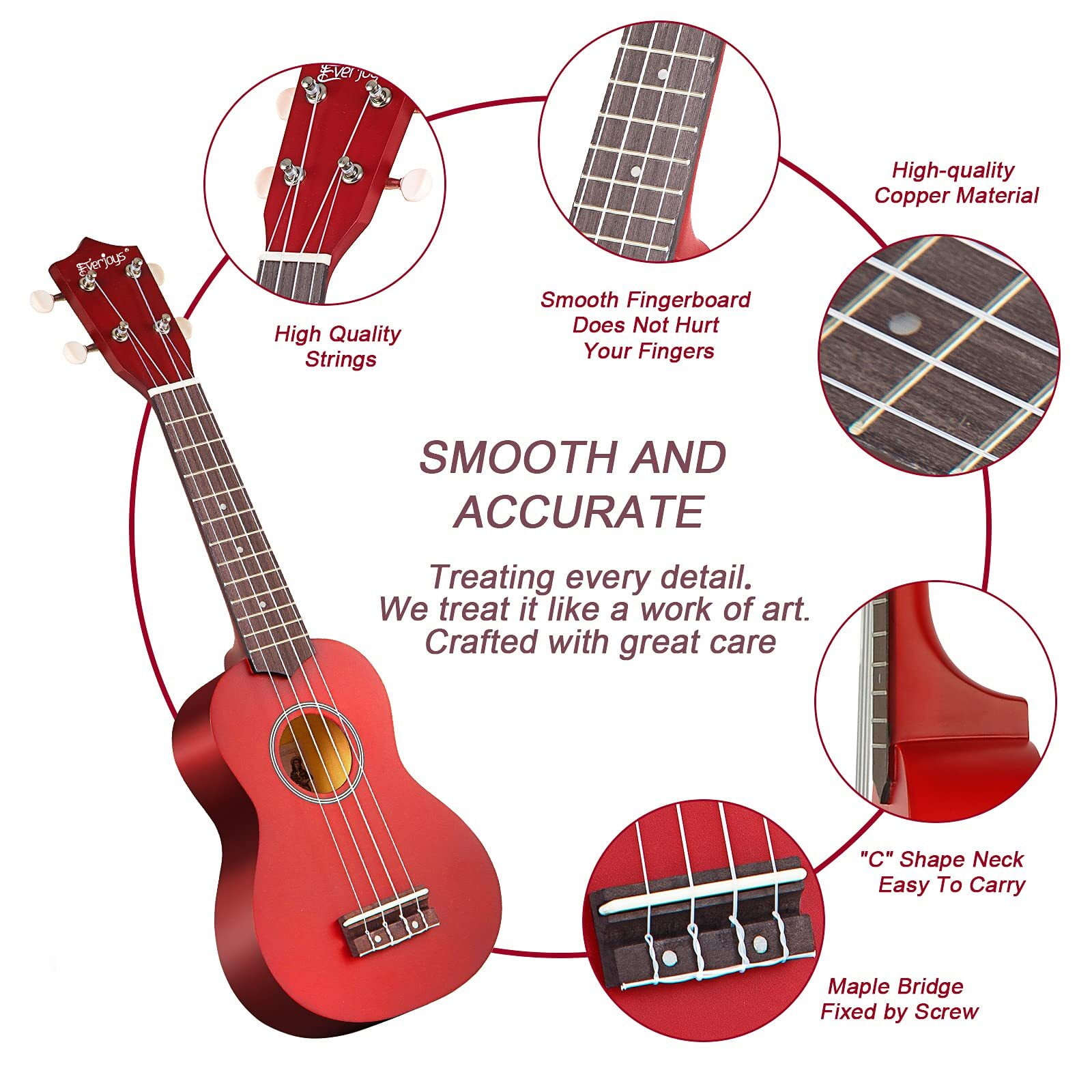 Everjoys 21 inch Soprano Ukulele Starter Kit w/Gig Bag,Rainbow String,Free Online Lesson,Tuner,Pick,Strap,Songbook