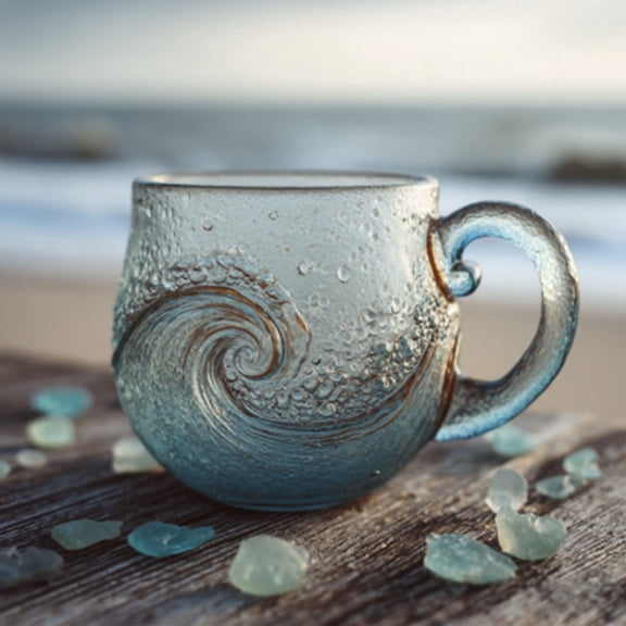 MMJ Handblown Sea Wave Glass Mug 12oz Ocean Inspired Blue for Coffee Tea Wine Beach Lover Gift