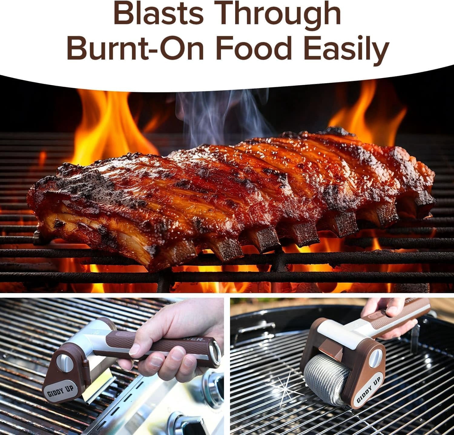 Power Giddy Up Grill Cleaner – Cordless, Rechargeable BBQ Tool with 350 RPM Stainless Roller, LED Light