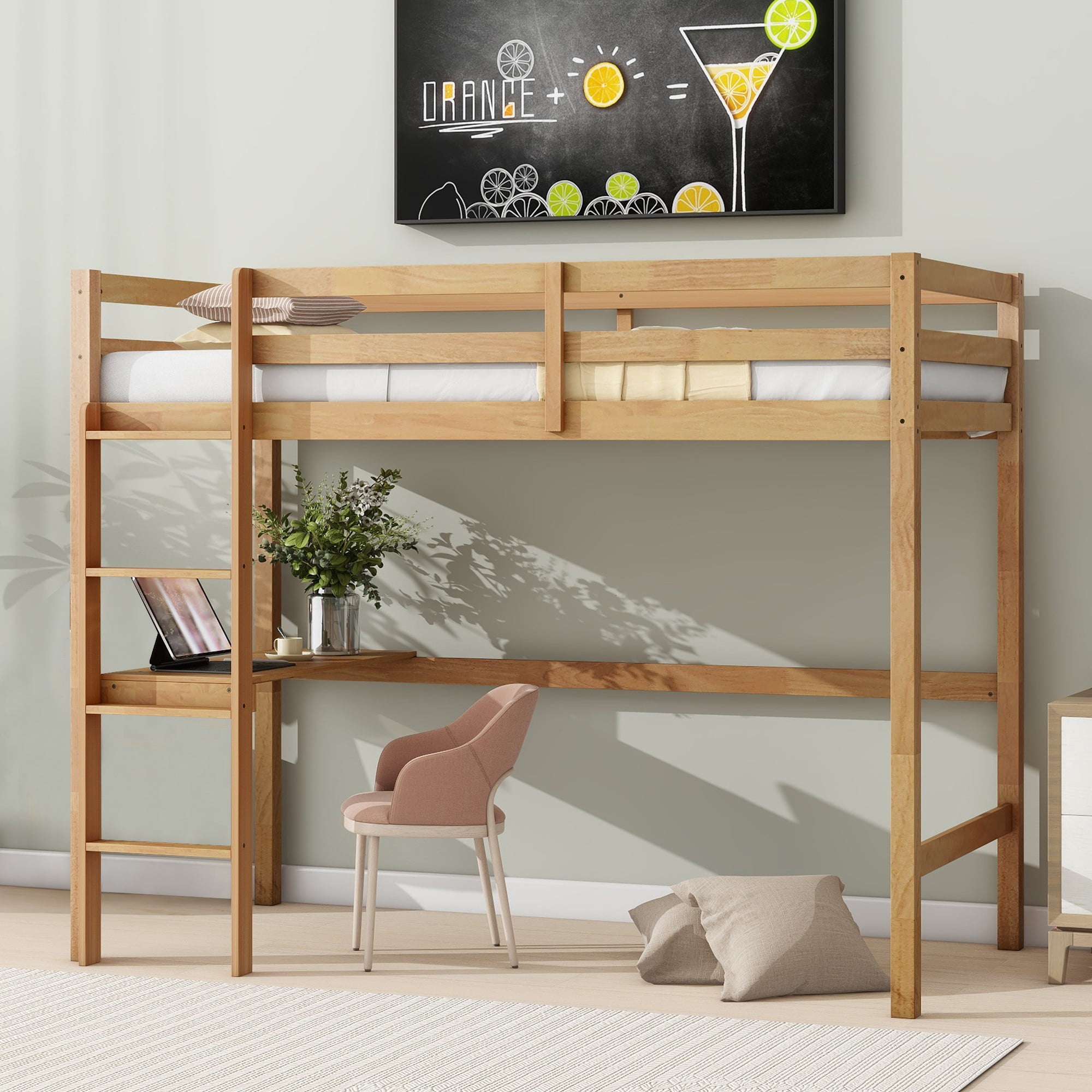 Aukfa Twin Loft Bed with Built-in Desk for Kids Teens Dorm, Rubber Wood, Safety Guard, Oak