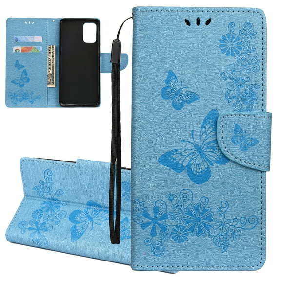 Galaxy S20 Wallet Case, Allytech PU Leather Slim Fit Butterfly Embossed Retro Folio Flip Full Protection Kickstand Wrist Strap Cards Holder Wallet Case Cover for Samsung Galaxy S20 6.2", Blue