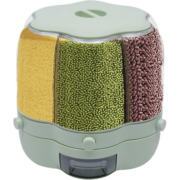Cereal Rice Container Storage, Upgrade 6 Compartment 17.6Lbs 360° Rotating Grain Food Dispenser with Lid, Kitchen Storage Container for All Beans, Barley