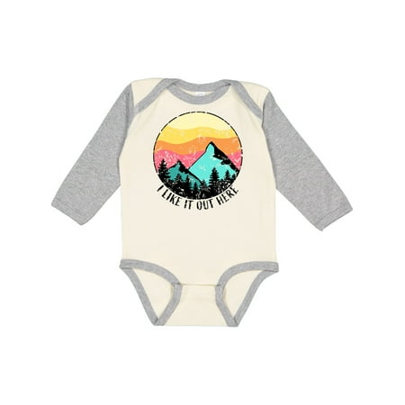 

Inktastic I Like it Out Here Mountains at Sunset Distressed Gift Baby Boy or Baby Girl Long Sleeve Bodysuit