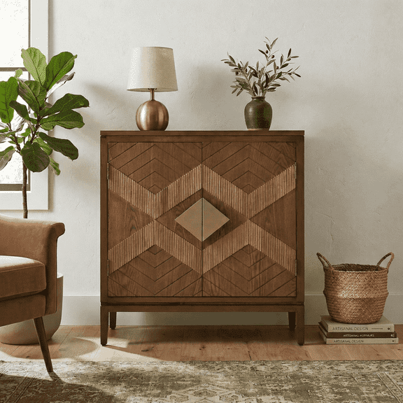 Ahokua Mid-Century Modern Accent Cabinet with Geometric Inlay Doors, 2-Door Storage Sideboard with Adjustable Shelf for Living Room, Entryway or Dining Room