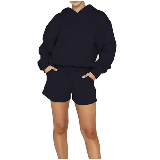 RKSTN 2 Piece Outfits for Women Fall Solid Color Long Sleeve Hoodies Pullover Tracksuit Pullover with Drawstring Sports Shorts
