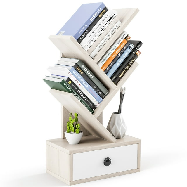 Gymax 5-Tier Tree Bookshelf w/ Wooden Drawer Display Storage Organizer Rack Beige