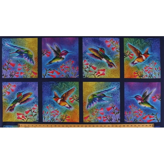 23.5" X 44" Panel Hummingbirds Birds Flowers Floral Squares Spring Nature Studies Digital Print Cotton Fabric Panel (AND-17300-195BRIGHT)
