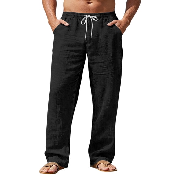 GrmtClth Linen Pants Men Elastic Drawstring Waist Casual Yoga Trousers Lightweight Loose Lounge Pants Summer Baggy Travel Pant with Pockets Black 2XL