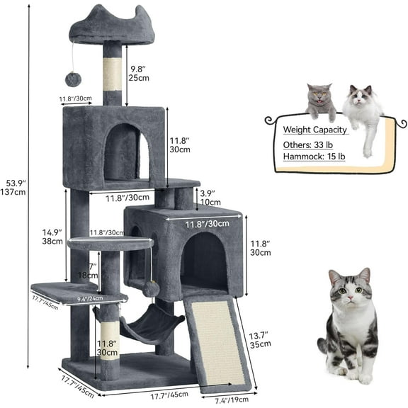 VibrantEcho 54in Tall Cat Tree Tower, Dark Gray Multi-Level Condo with Sisal Scratching Post
