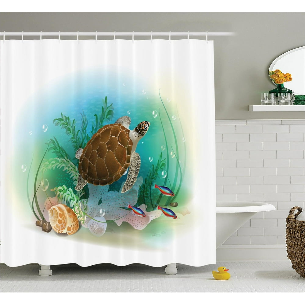 Ocean Decor Shower Curtain Set, Sea Turtle Swims In The Ocean Tropical