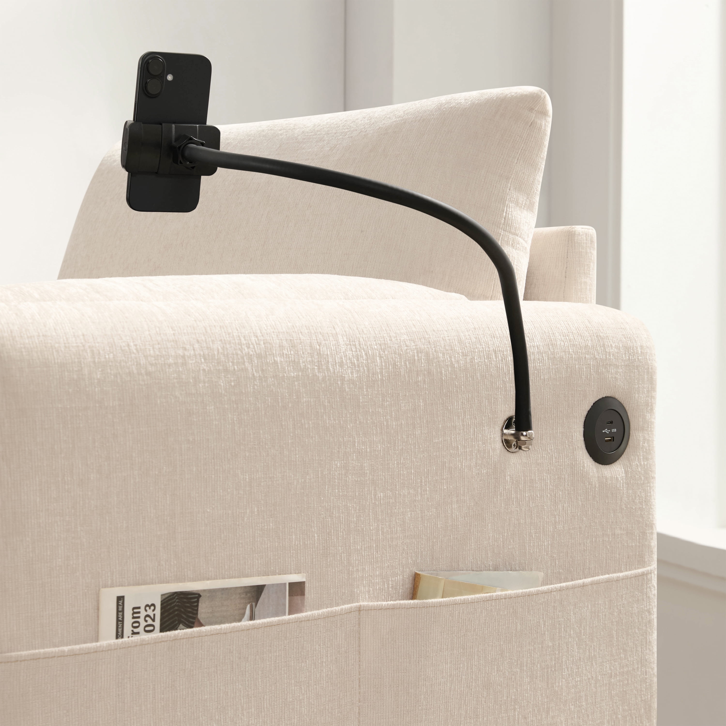 Accent Chair, Single Sofa, Chaise Lounge with Oversized Storage Ottoman and Adjustable Phone Holder, Chenille Armchair with Pillow Armrests and Side Pockets, for Living Room, Beige