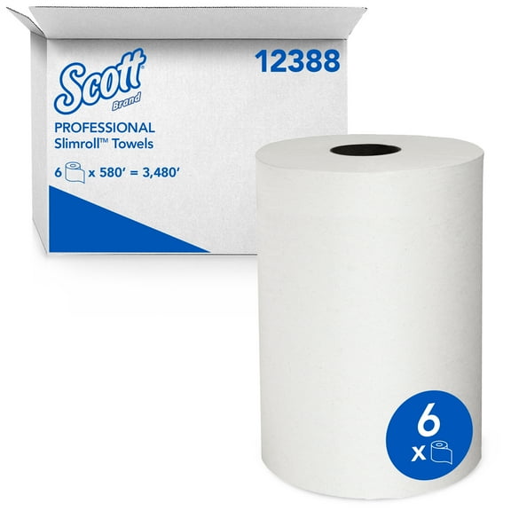 Scott Professional Slimroll Hard Roll Paper Towels, Bulk (12388), Hardwound, Absorbency Pockets, White, for compatible Kimberly-Clark Professional Dispensers (6 Rolls at 580' Each, 3,480'/Case)