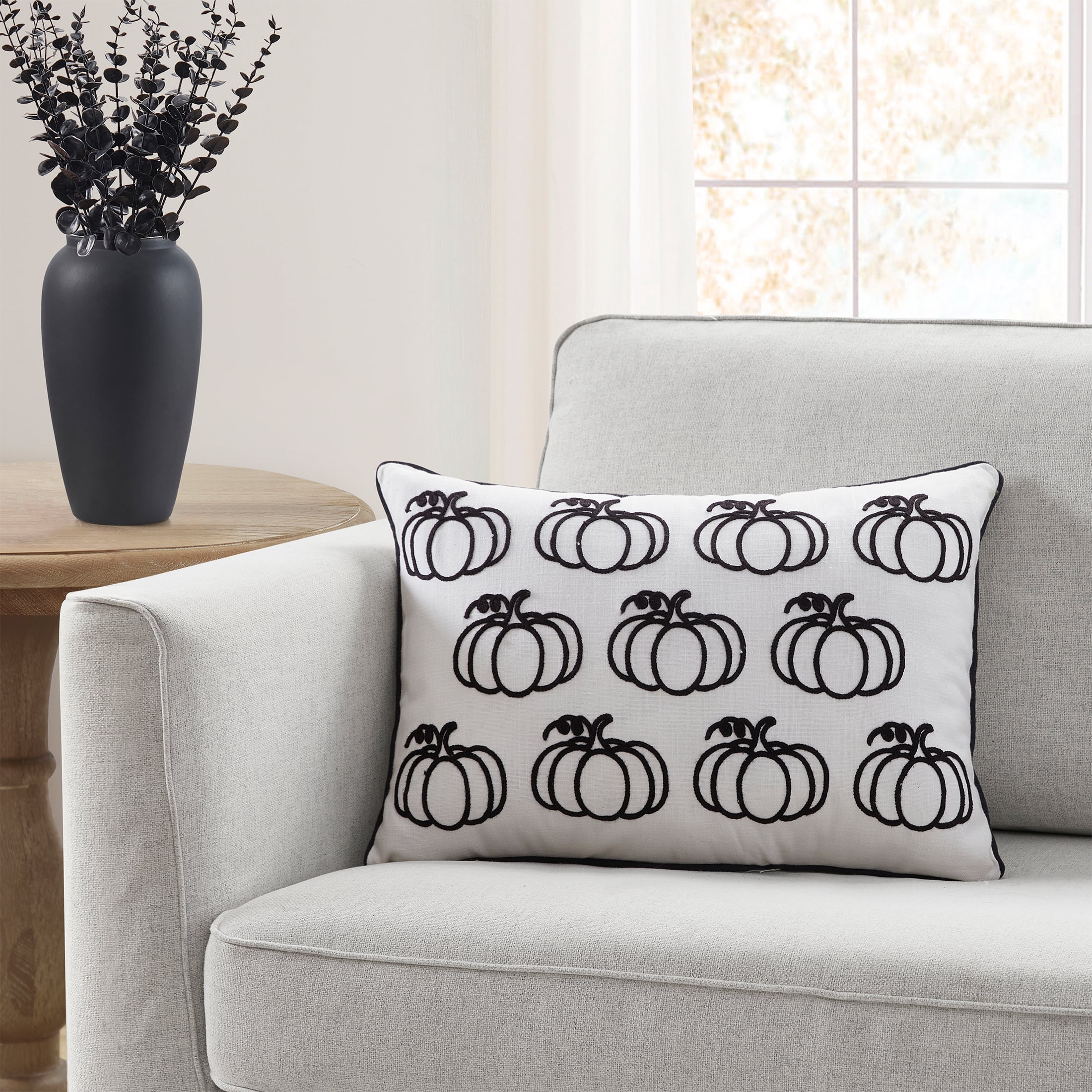 My Texas House 14" x 20" Fiona White/Black Pumpkin Cotton Halloween Decorative Pillow Cover