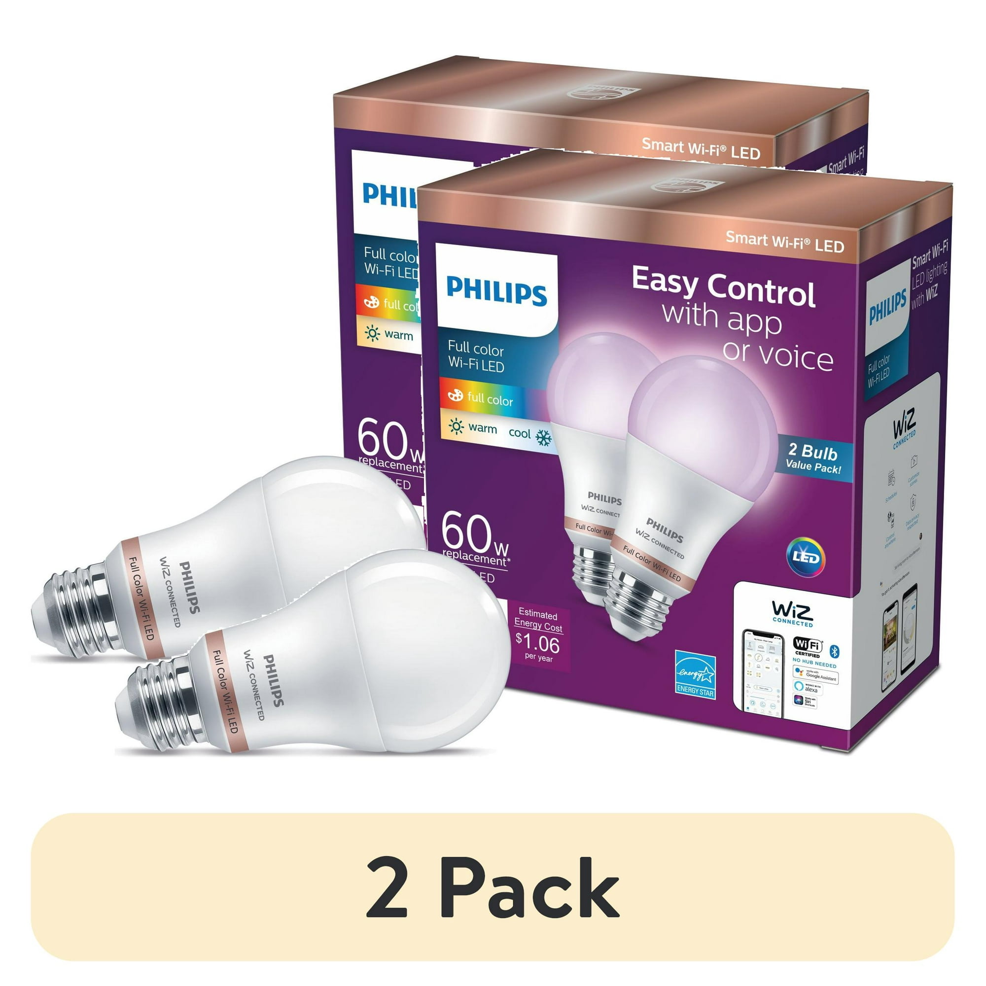 (2 pack) Philips Smart Wi-Fi Connected LED 60-Watt A19 Light Bulb, Frosted Color & Tunable White, Dimmable, E26 Medium Base (2-Pack)
