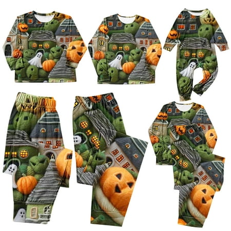 

AGWOLF Family Pajamas Halloween Matching Sets Novelty Ghost Pumpkin Print Long Sleeve 2 Piece Pjs Sets Holiday Pajamas for Halloween Night Baby 3 Months