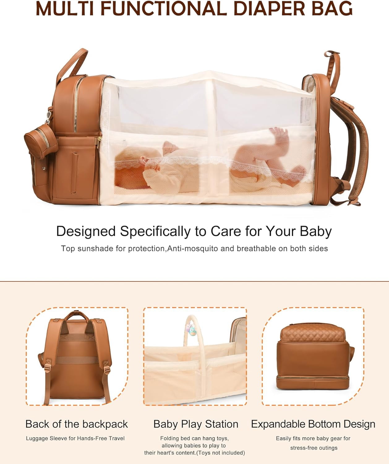 Diaper Bag Backpack with Changing Station, Newborn Essentials Must Haves, Water-Resistant Vegan Leather Diaper Backpack, Large Capacity Baby Travel Bag with Stroller Straps, Unisex Brown